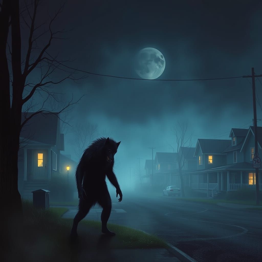 Werewolf in a fog-enshrouded suburban neighborhood.