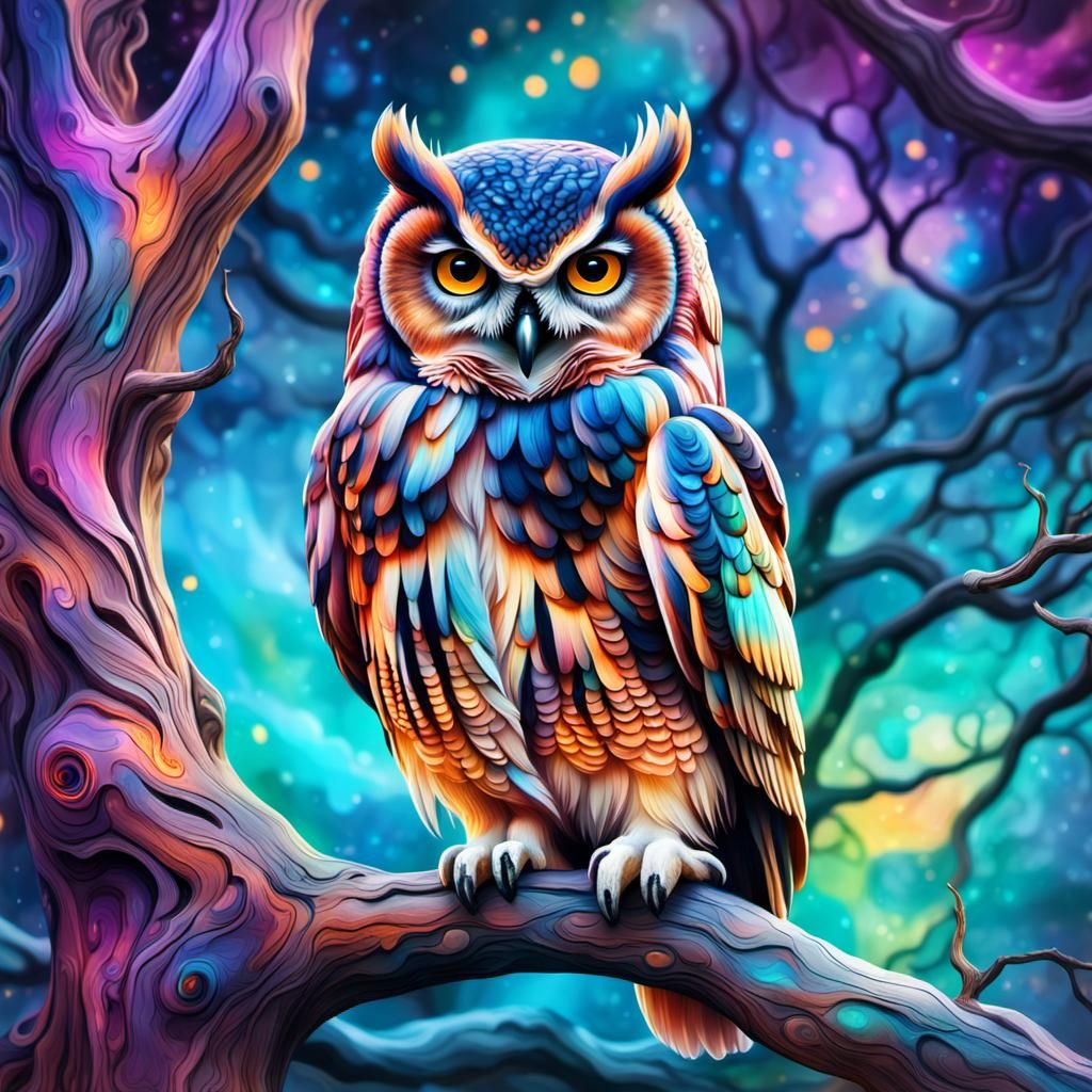 An owl perched on an ancient tree of wisdom. Macro photograp...