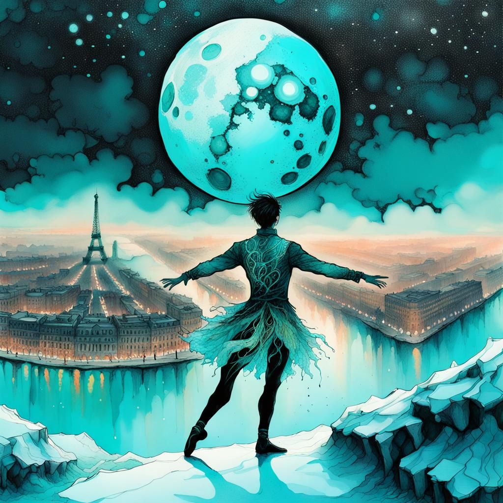 Ballet Dancer in Icy Paris, Alcohol Ink Illustration