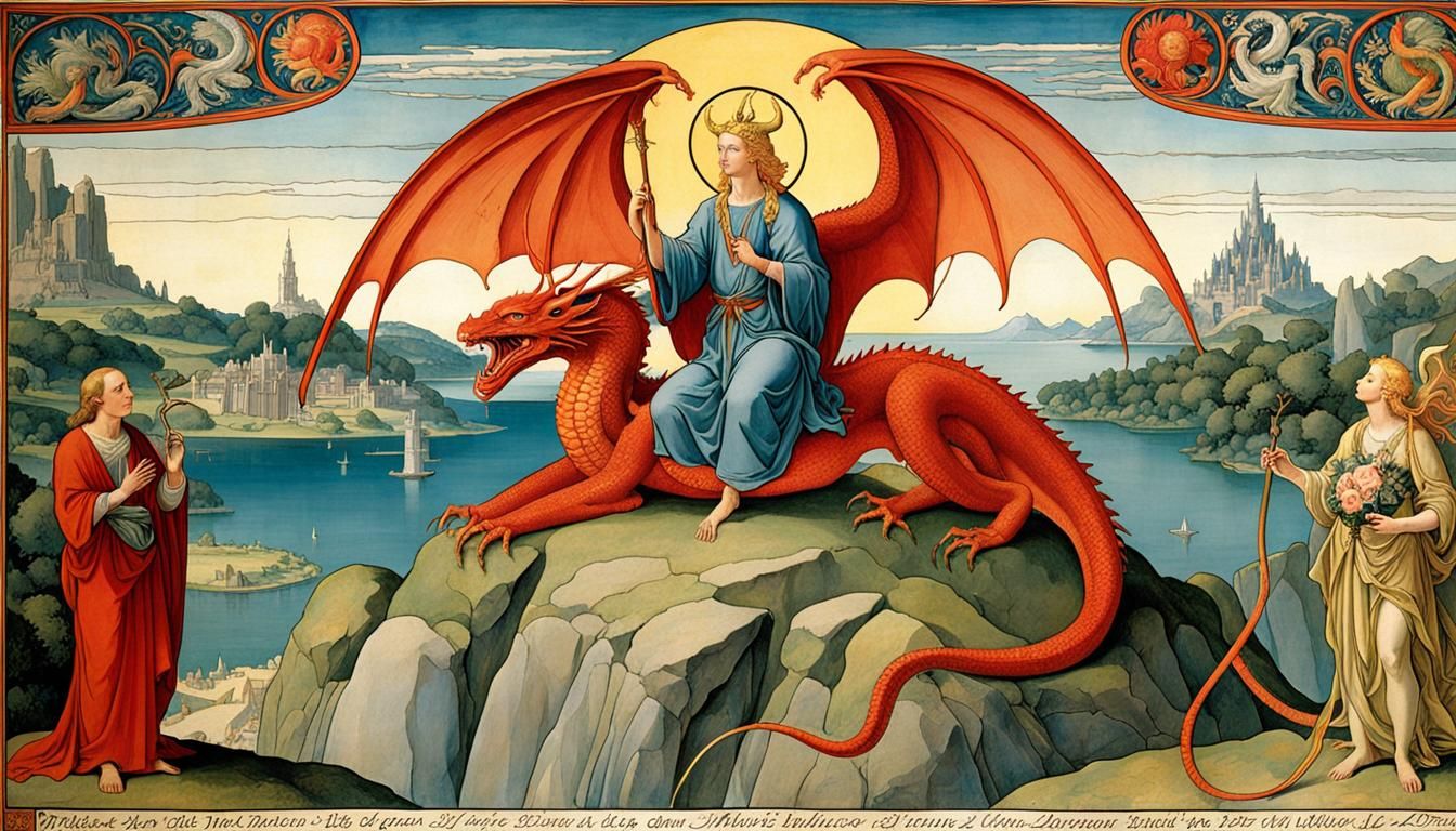 Saint Michael Defeats Dragon in Art Nouveau Style