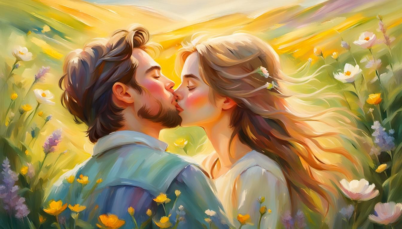 Romantic Couple Kissing in Impressionistic Meadow
