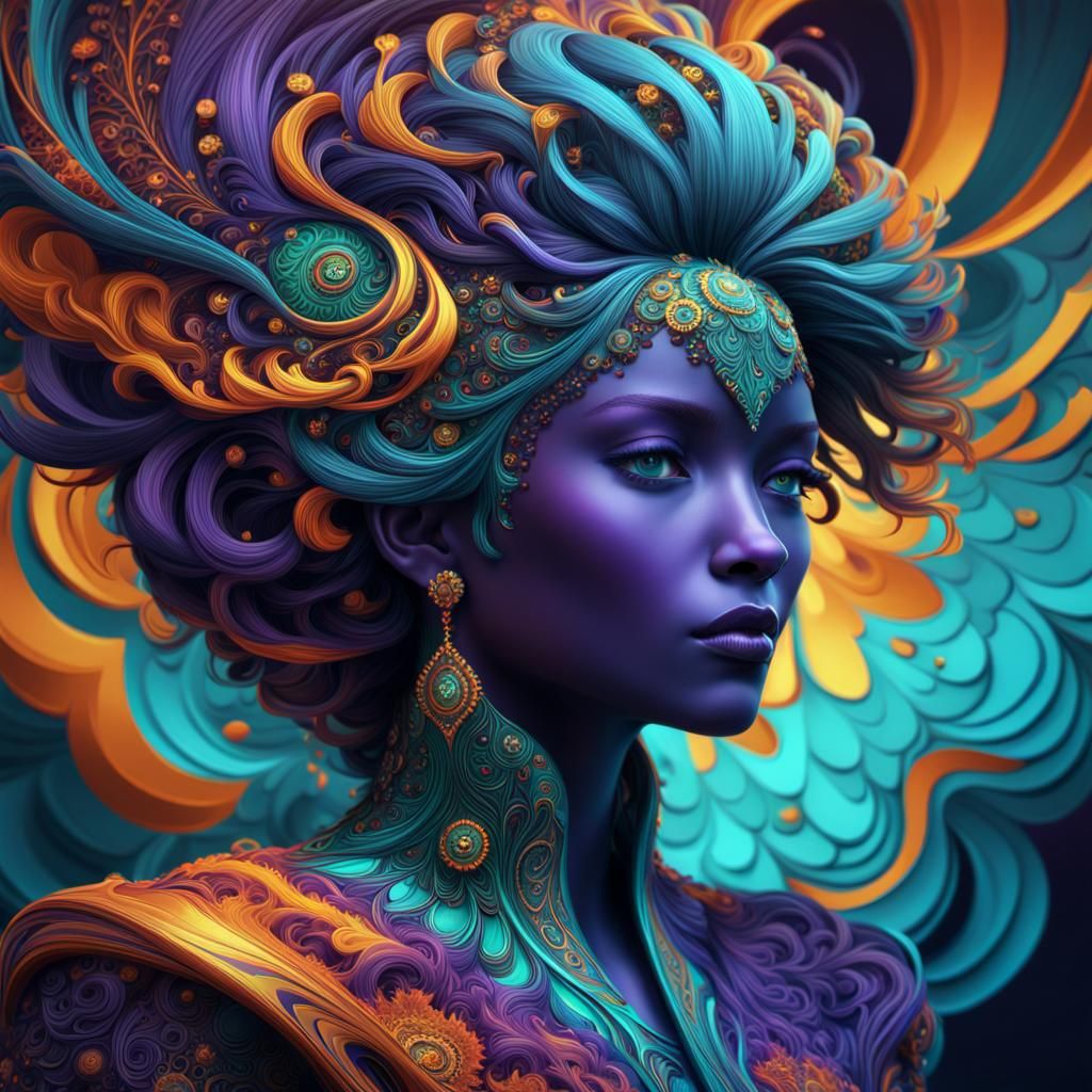 Stylized Female Bust with Fractal Hair, Digital Art