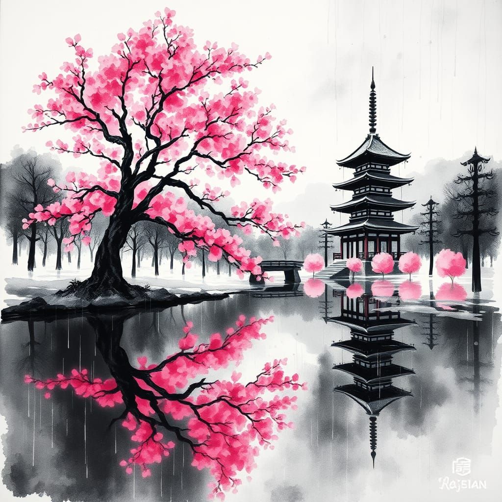 Minimalist Watercolour of Cherry Tree Reflection