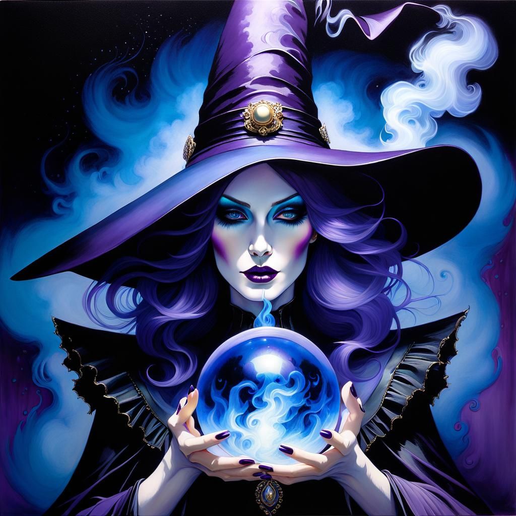 Beautiful Witch with Blue Smoke, in Chiaroscuro Style