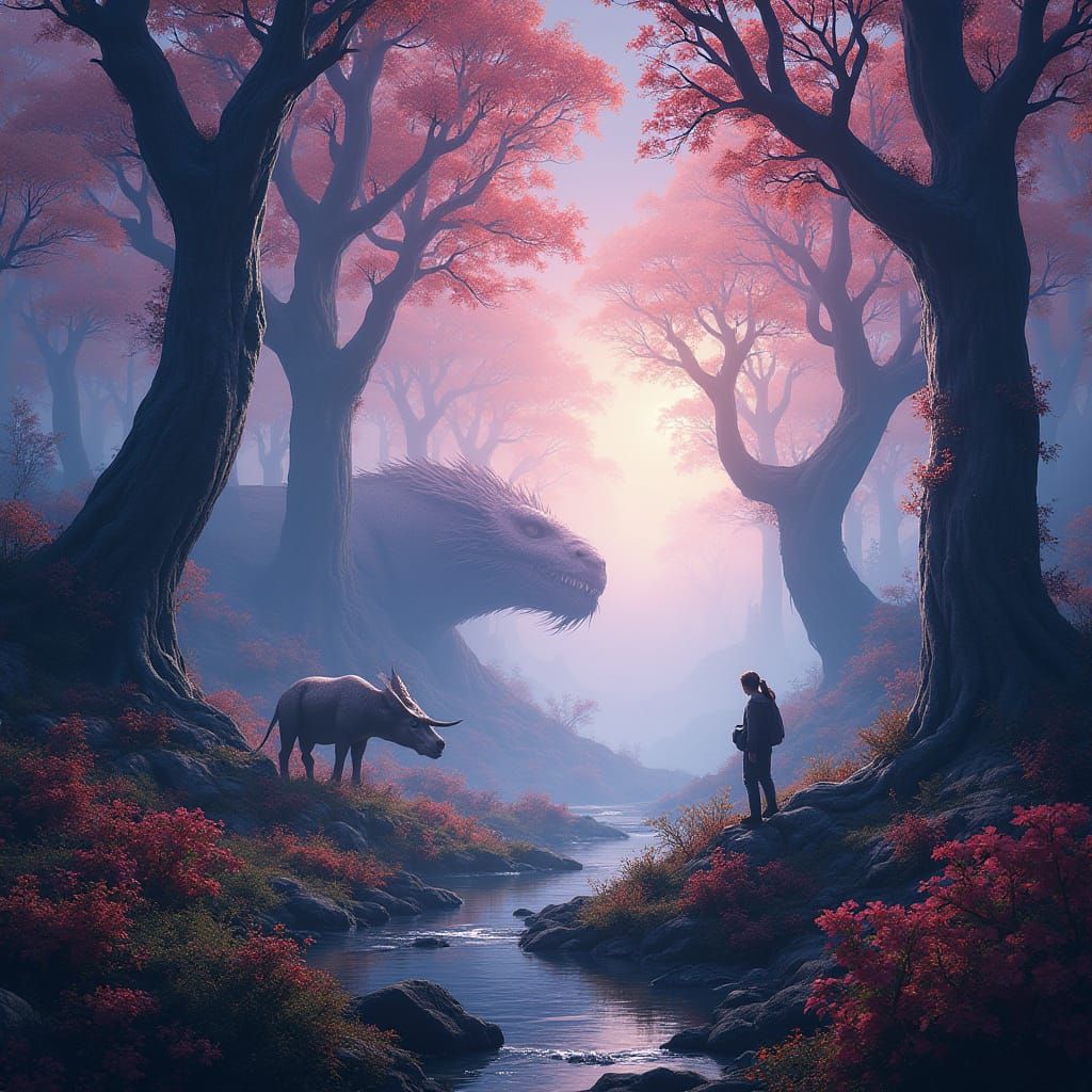 Majestic Fantasy Creatures in a Vibrant, Iridescent Realm