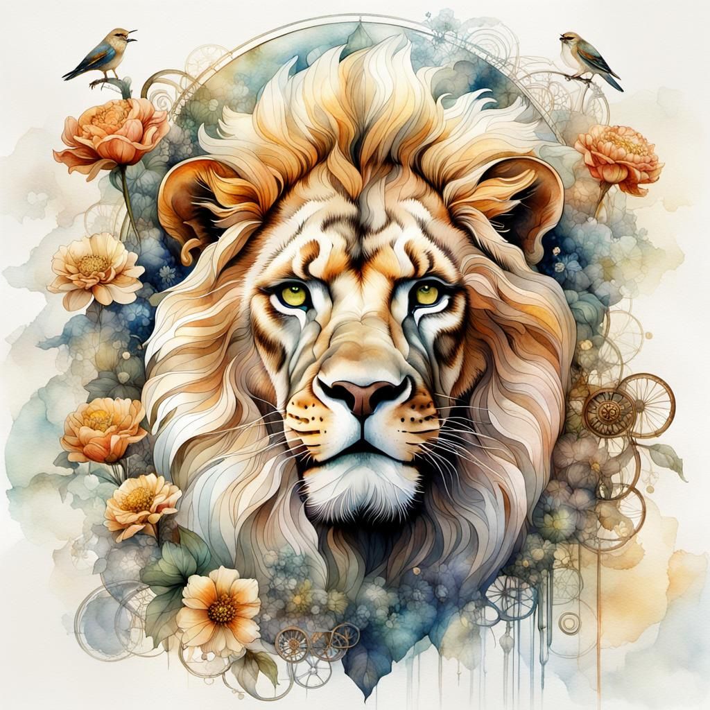 Art Nouveau Steampunk Lion Watercolor