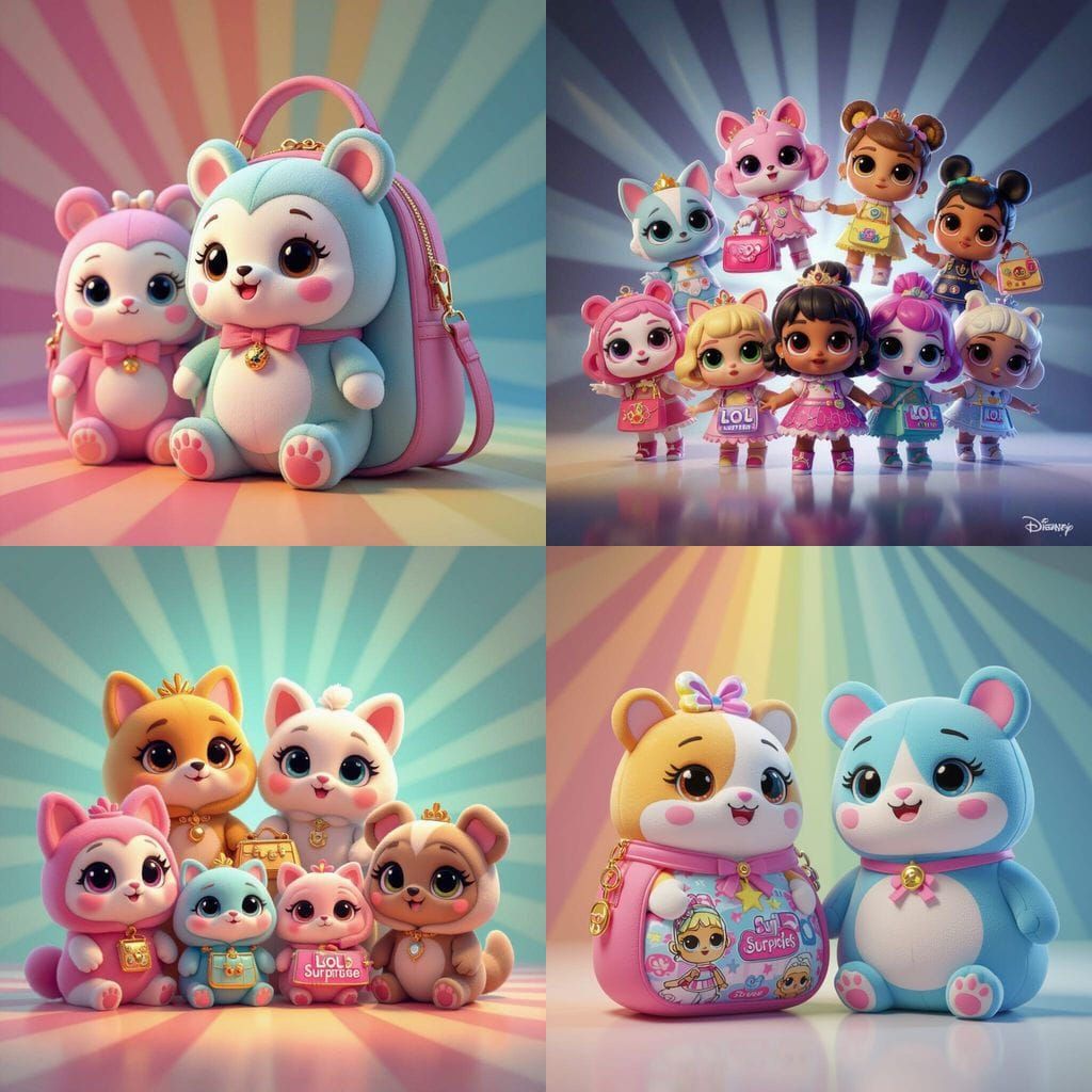 Squishmallow and Lol Surprise Characters in Pixar Style