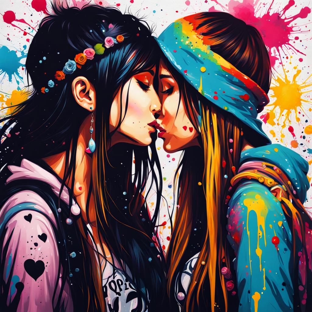 Hippie Girl Kissing Emo Girl in Dreamcore Style