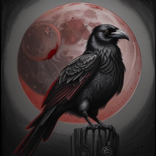Steampunk Crow and Blood Moon Charcoal Drawing