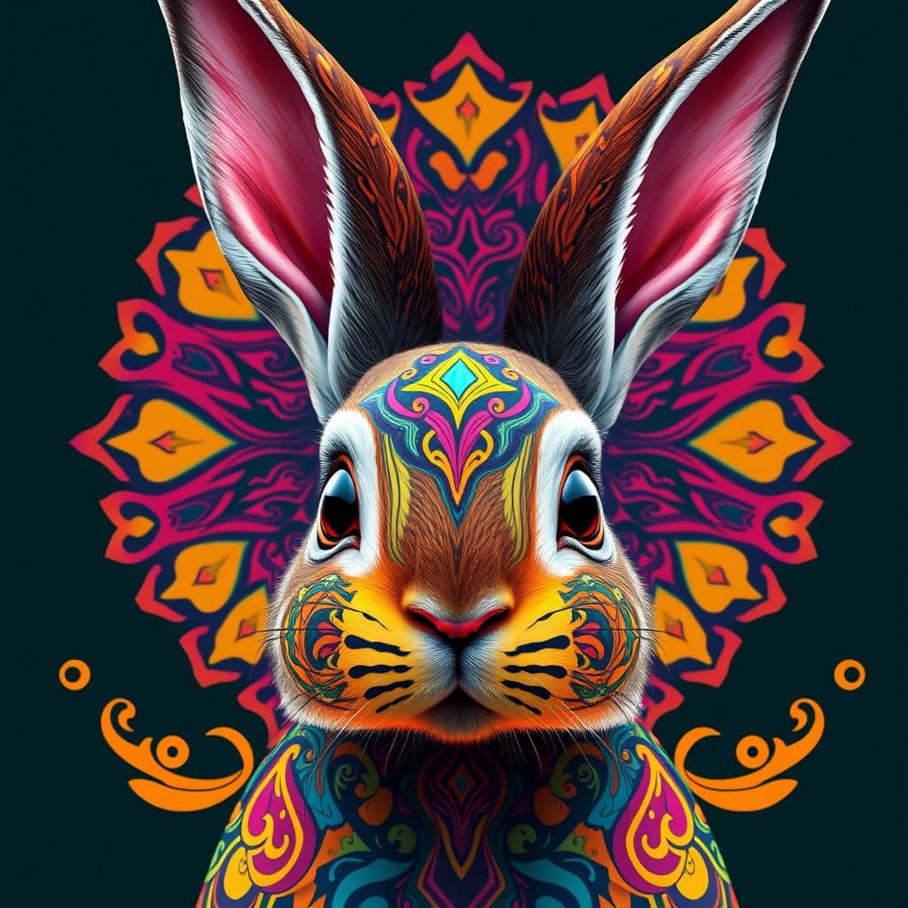 Stylized Rabbit Portrait with Bold Intricate Patterns