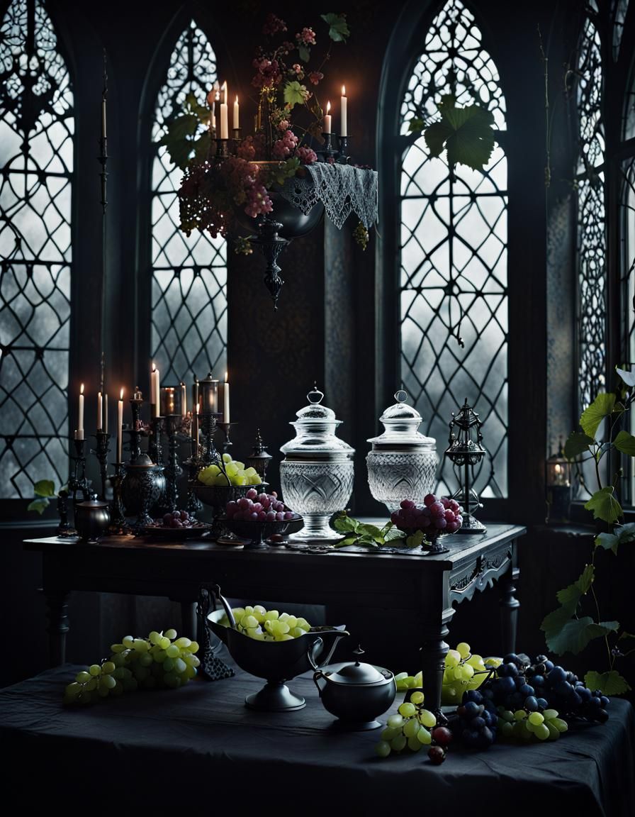Gothic Woman at Table in Grimdark Style