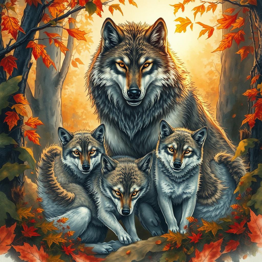 Wolf Family in Autumnal Forest: Watercolor and Ink