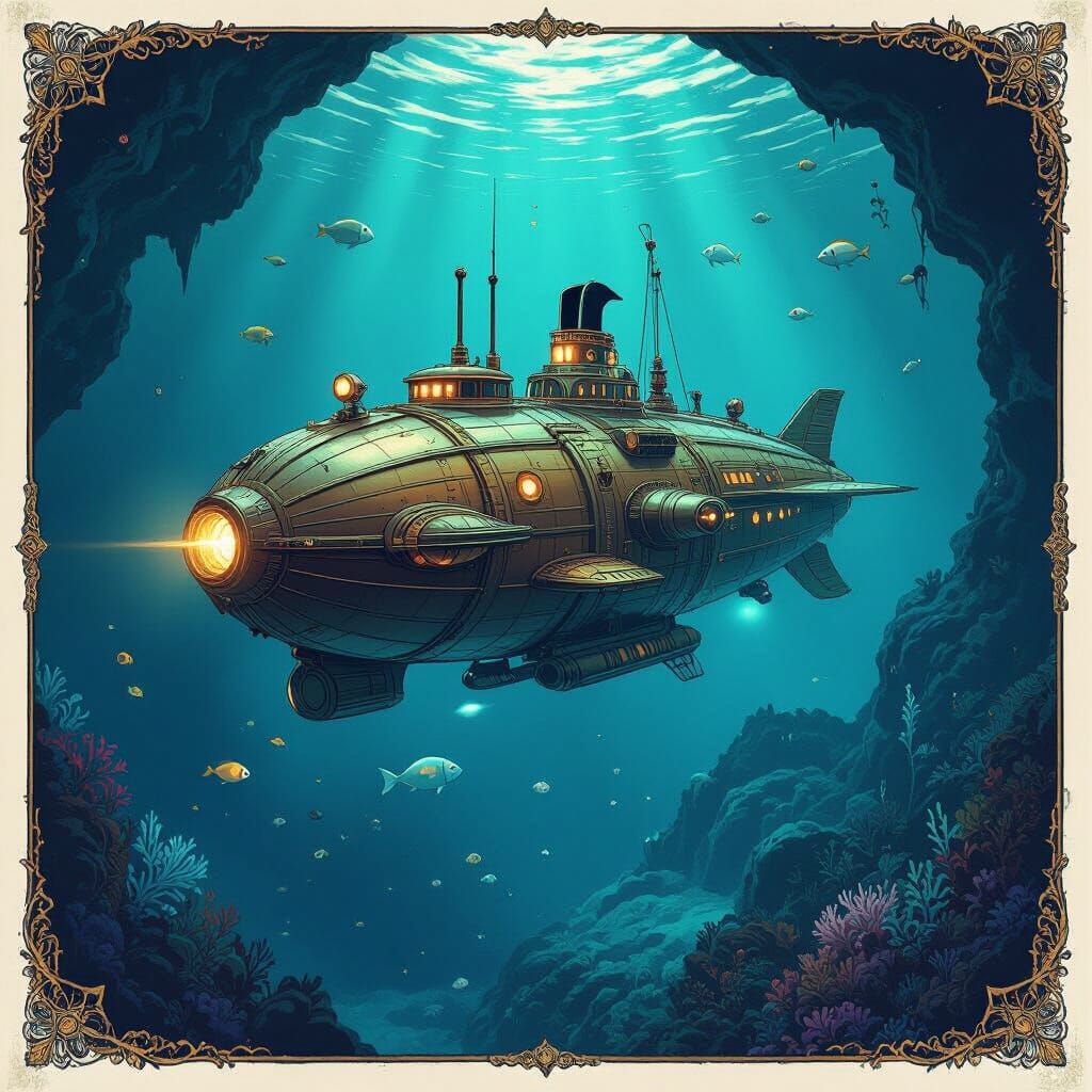 Nautilus Submarine in Deep Ocean Abyss