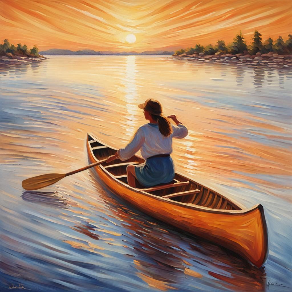 Woman Canoeing: Impressionistic Painting in Warm Light