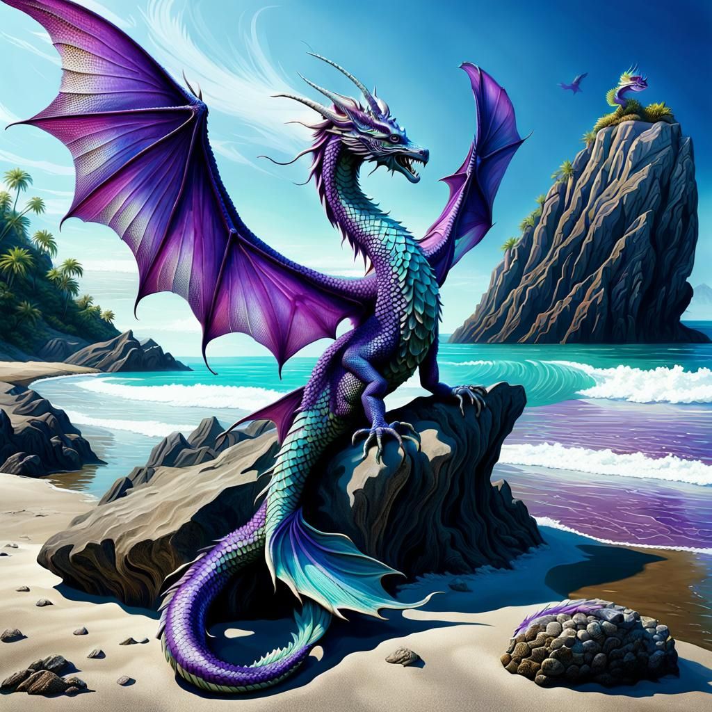 Dragon-Fish Hybrid Creature on a Rocky Beach