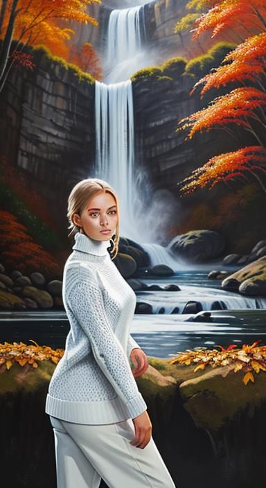 Woman in White Sweater by Waterfall, Oil Painting