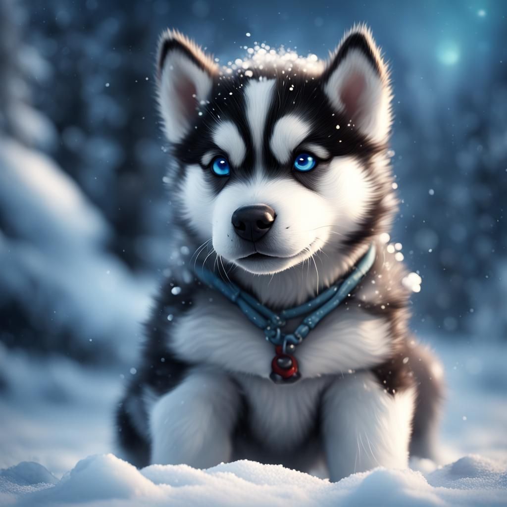 Sad Husky Puppy in Snowy Fantasy Landscape