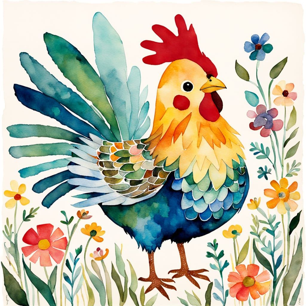 Whimsical Toy Chicken on a Cloudy Meadow