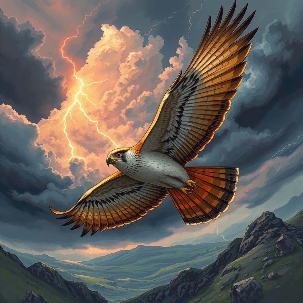 Majestic Storm Falcon in Atmospheric Flight