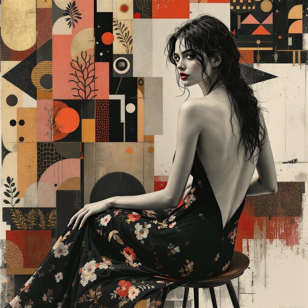 Elegant Woman Embodied in Geometric Tapestry