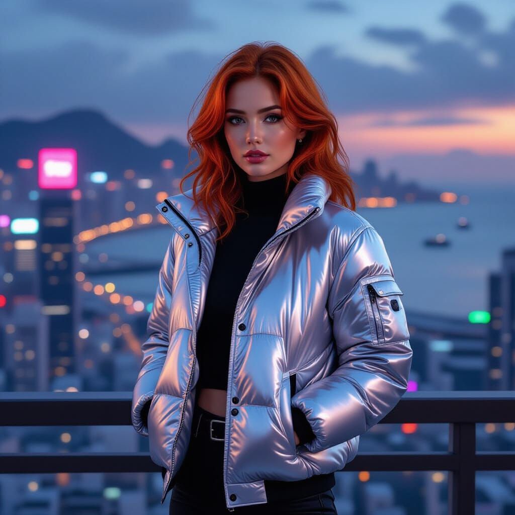 Cyberpunk Woman on Balcony Overlooking Dystopian City