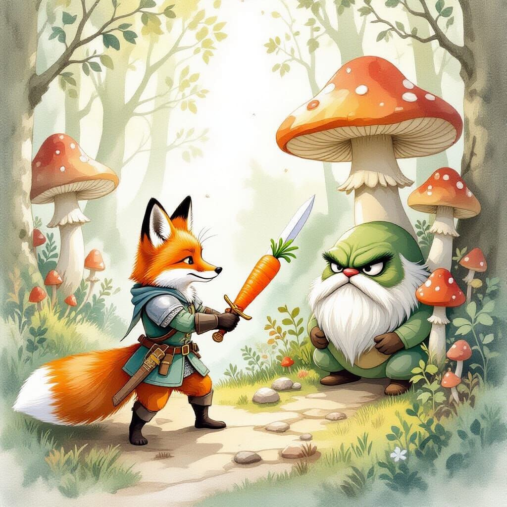 Whimsical Fox Knight Defends Forest from Giant Mushrooms