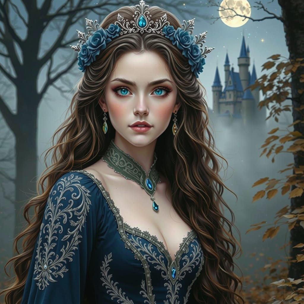 Majestic Woman Lost in Thought, Regal in Dark-Indigo Gown wi...