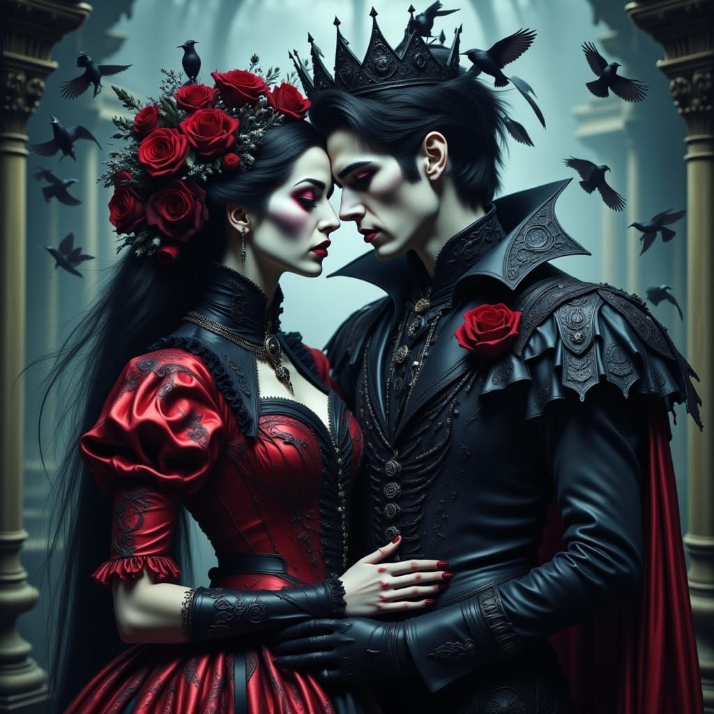 Queen of Hearts Dancing with Crows in Dark Fantasy