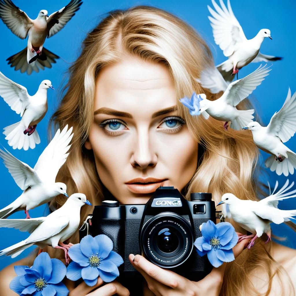 Blonde Woman with Doves and Camera