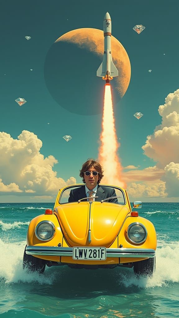 Surreal Beatles Scene with Saturn Rocket