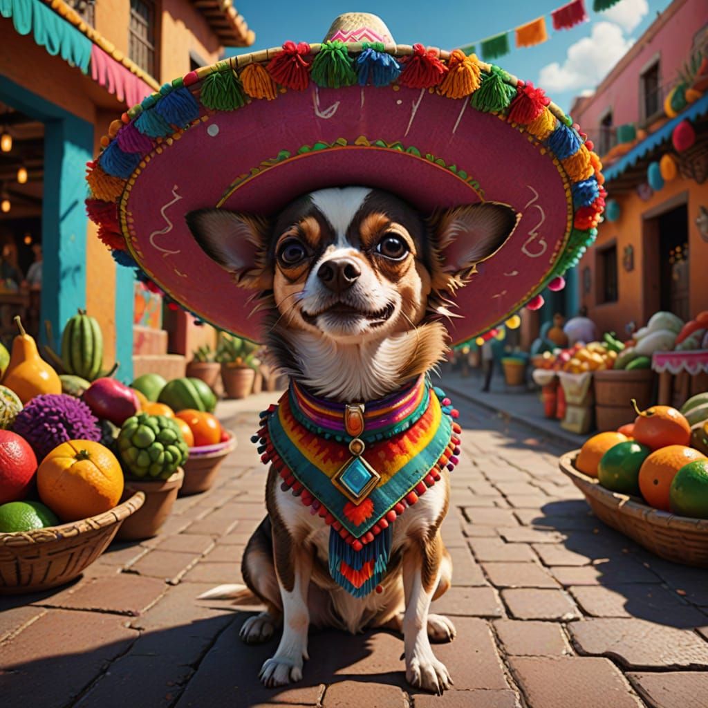 Chihuahua in Sombrero in Mexican Marketplace