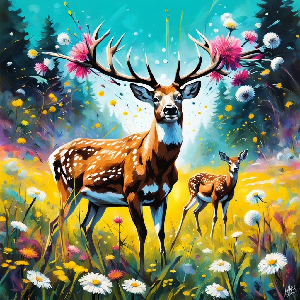 White-Tailed Deer Herd in Spring Meadow, Graffiti Art