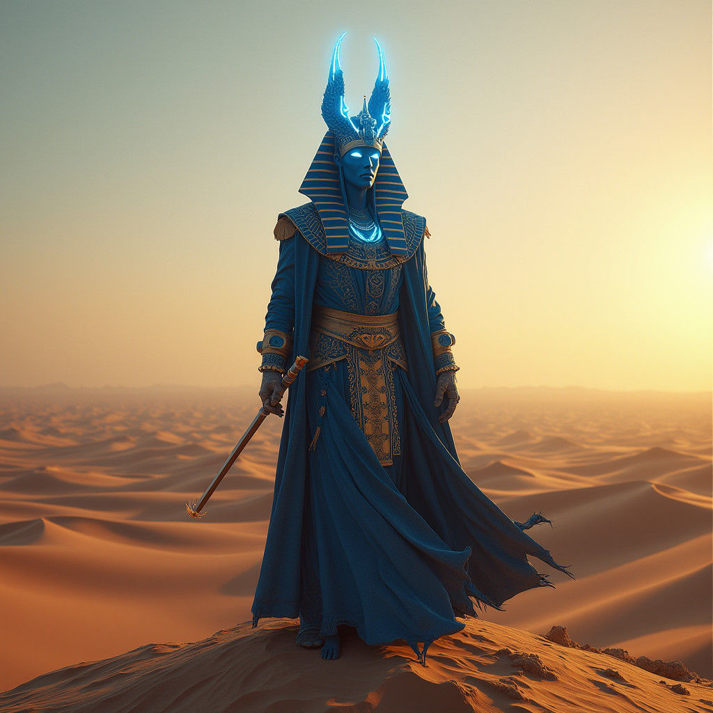Blue Phantom Egyptian King in Barren Desert