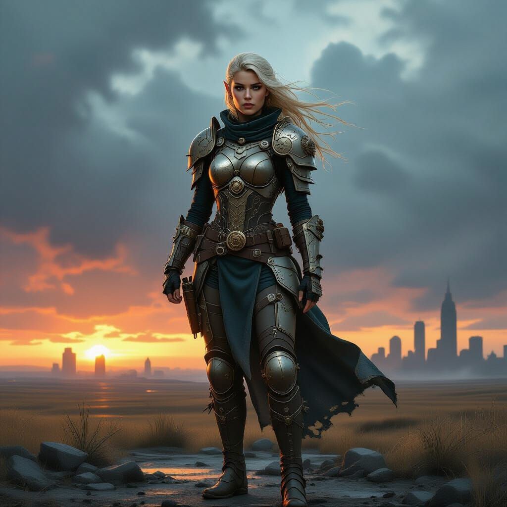 Elf Warrior in Steampunk Armor on Post-Apocalyptic Plain