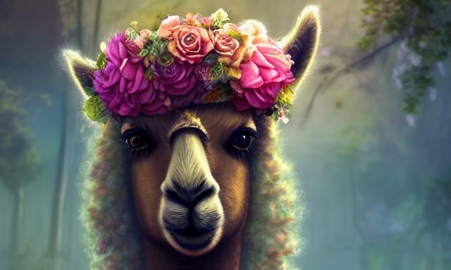 Alpaca with Flower Crown Detailed Portrait