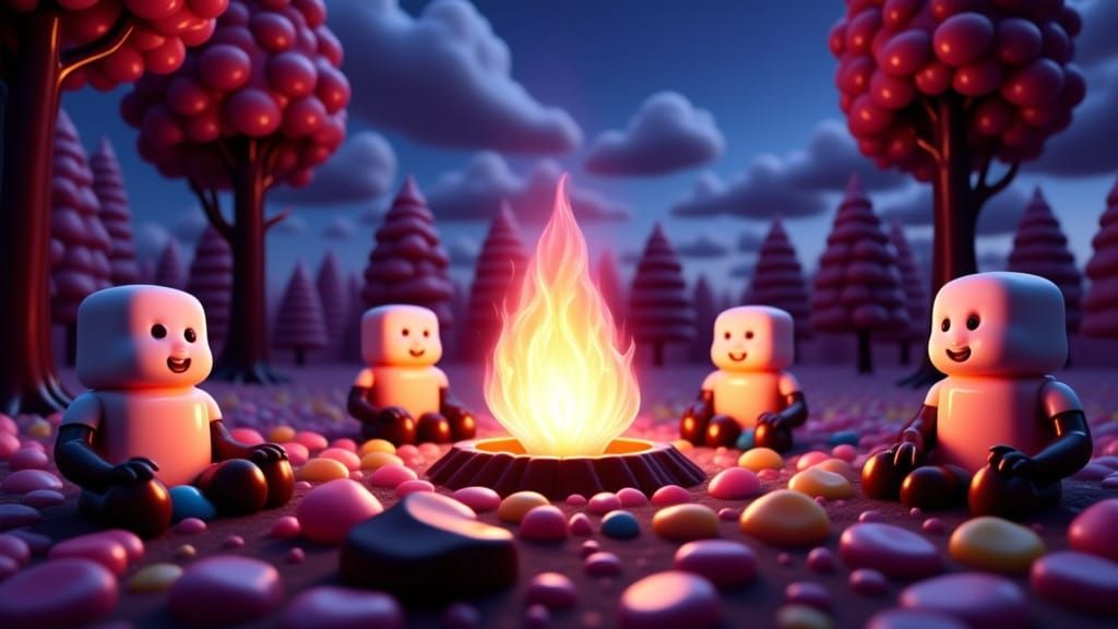 Marshmallow Friends Gather Around a Campfire in a Vibrant, C...