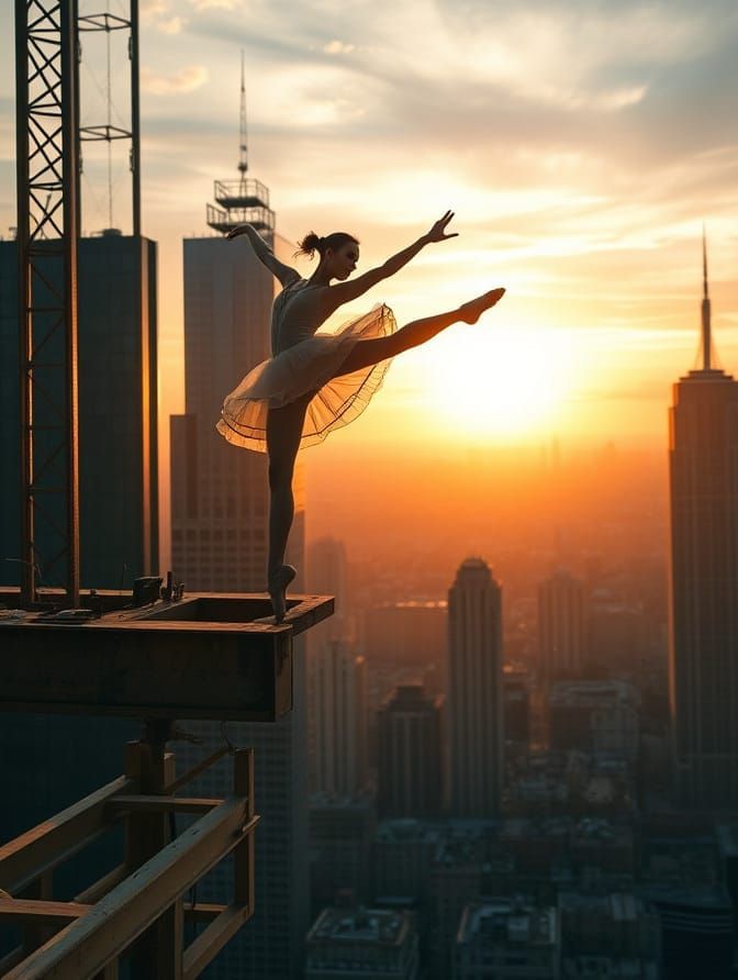 Ballet Dancer on Skyscraper Beam at Sunset