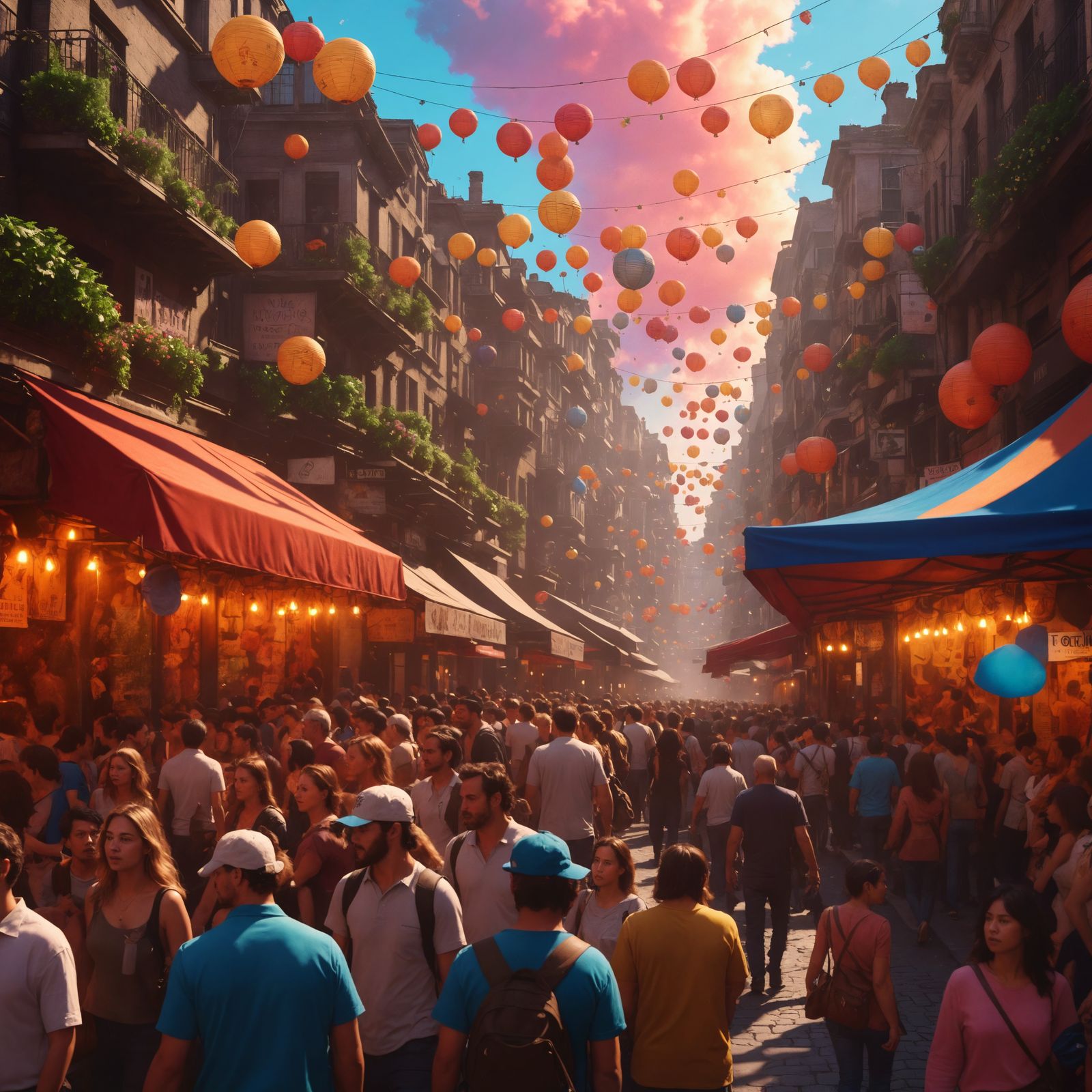 Hyperrealistic Crowded Street Scene in High Resolution