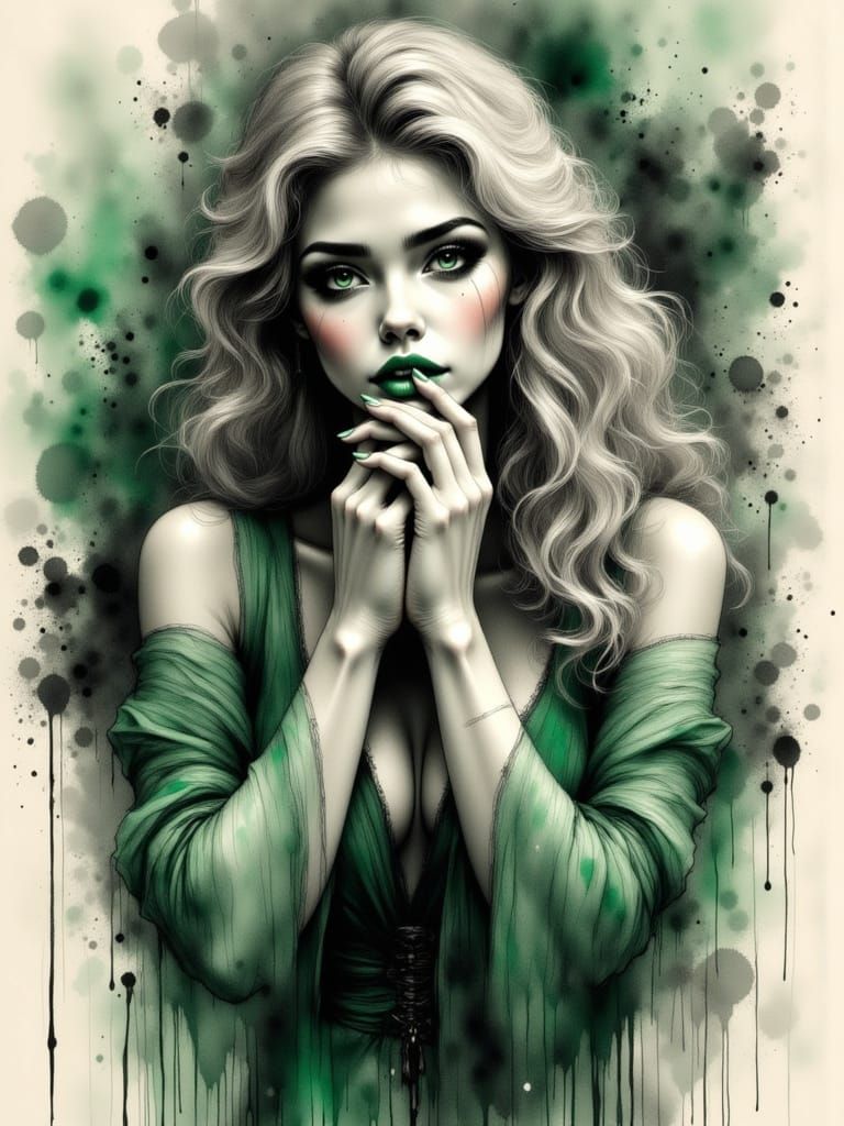 Norse Goddess in Charcoal Sketch with Green Accents