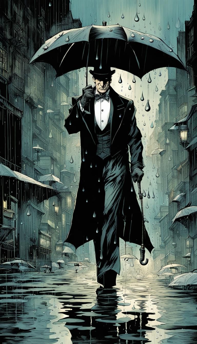 Gothic Noir Masterpiece: Oswald Cobblepot in Tuxedo Escapes...