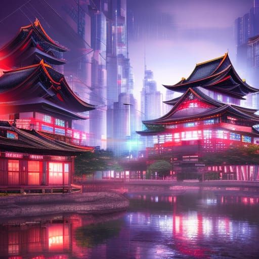 Cyberpunk Asian Castle with Neon Lights