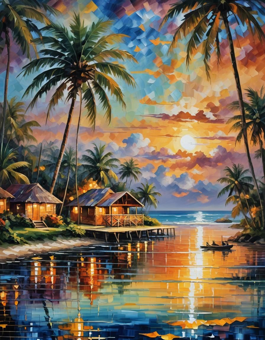 Sunset Over Water Hut, Impressionist Style