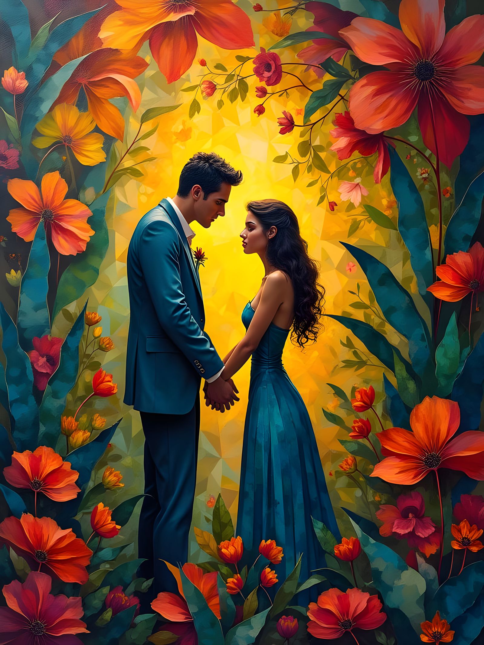 Couple Embracing in Geometric Cubist Style