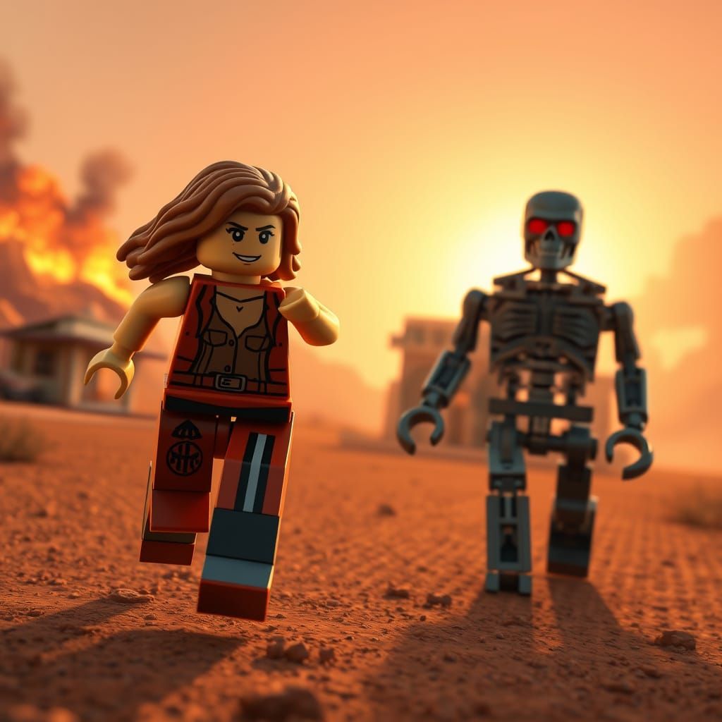 Lego Sarah Connor vs T-1000 in Desert Chase