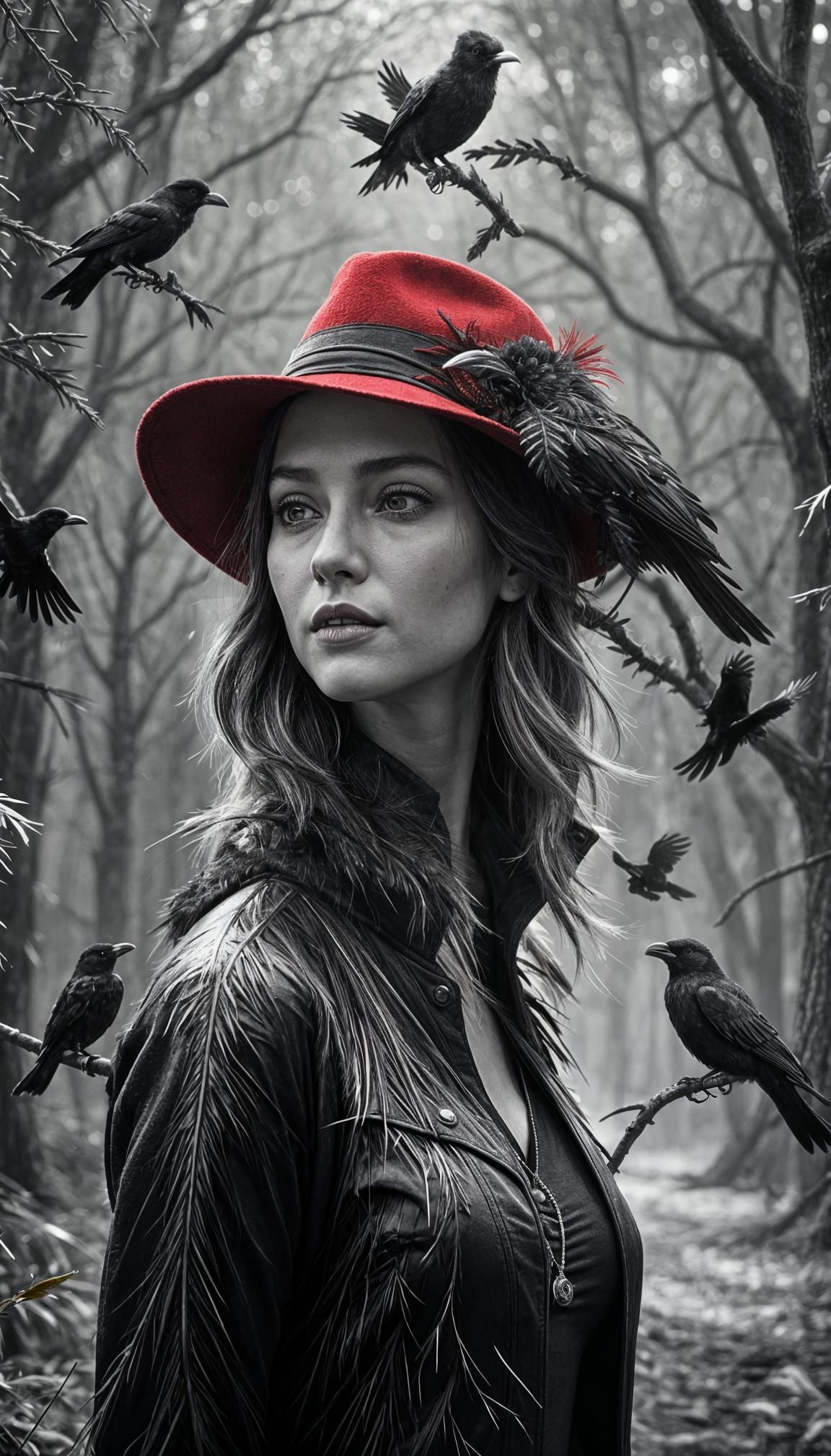 Monochrome Portrait with Red Fedora in Concept Art Style