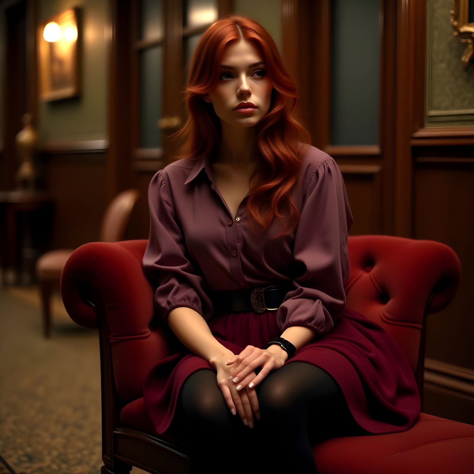 Contemplative Woman on Bench in Dimly Lit Hallway