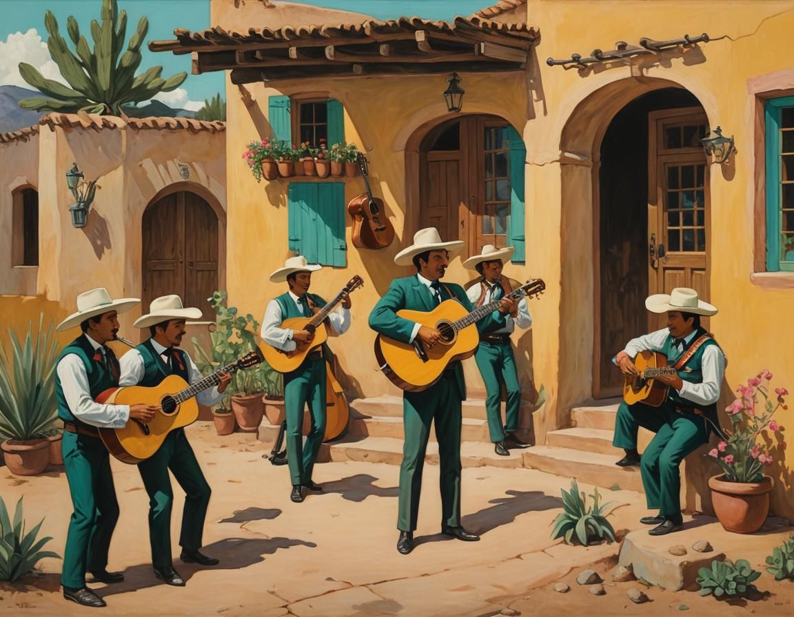 mexican mariachi band  singing and guitar playing  in front of an adobe  hacienda