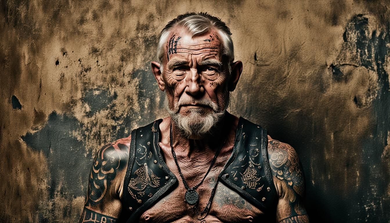 Weathered Viking Warrior Portrait with Love Tattoos