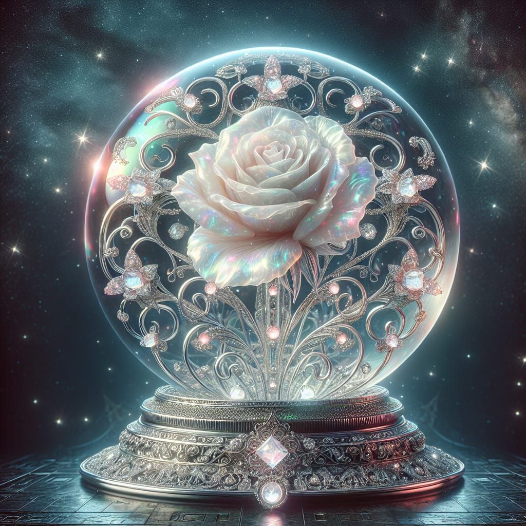 Opalescent Rose Sculpture in Crystal Sphere