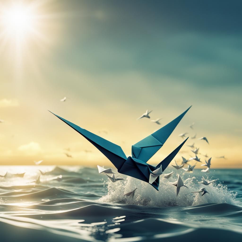 Origami Swallow Soaring Over Sunny Sea